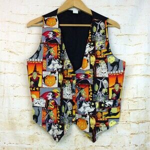 VTG 90s Smoke Valley Halloween Theme Vest Women L/XL Dracula Witch Skeleton Owl
